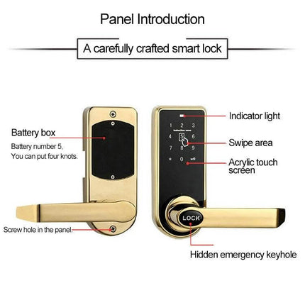 Electronic Door Lock with Password and Sensor Card Access gold capacitive touch panel with proximity card swipe area and hidden emergency keyhole