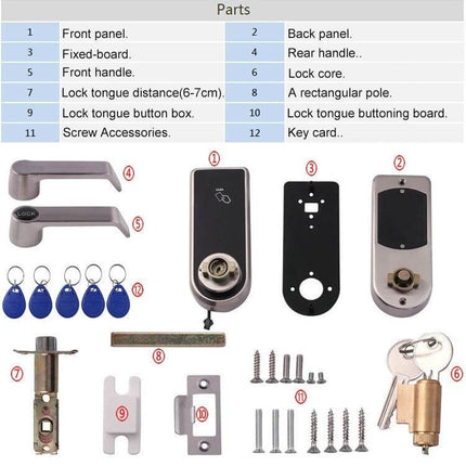 Electronic Door Lock with Password and Sensor Card Access - capacitive touch front panel, proximity key cards, handles, lock core and installation parts
