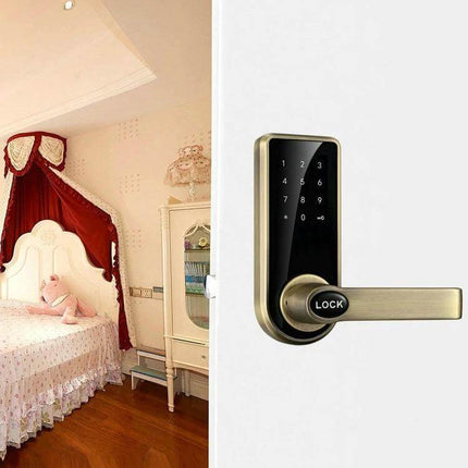 Electronic Door Lock with Password and Sensor Card Access mounted on a bedroom door featuring touch keypad and proximity card sensor