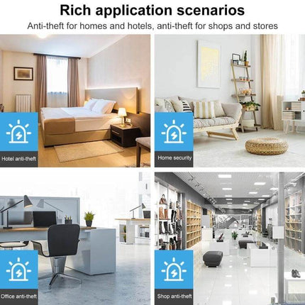 Magnetic Door and Window Security Alarm for Home Protection shown in bedroom, living room, office and shop application scenarios