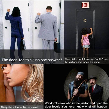 Danmini Door Peephole Viewer for Easy Home Security - collage showing people puzzled by thick doors, kids, and strangers, highlighting need for 3.0-inch HD viewer