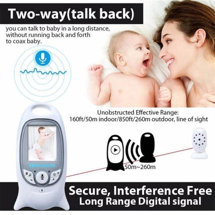 Portable Baby Monitor with Night Vision for Everyday Parenting Needs showing parent and baby with 2.0-inch color LCD, two-way talk and long-range signal