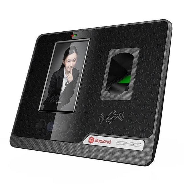 Realand G505 Face and Fingerprint Time Attendance Device biometric terminal with 4.3-inch TFT LCD showing face recognition and fingerprint scanner