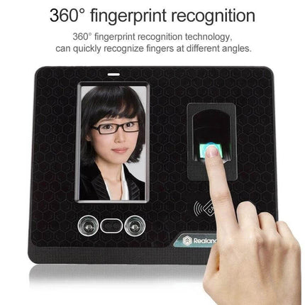 Realand G505 Face and Fingerprint Time Attendance Device showing face scan on 4.3-inch TFT LCD and fingerprint sensor in office setting