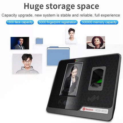 Realand G505 Face and Fingerprint Time Attendance Device showing 4.3-inch screen, fingerprint sensor and large storage capacity