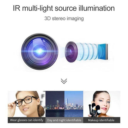 Realand Touch Screen Time Attendance Machine with Face Recognition showing IR multi-light 3D imaging, lens and examples (glasses, day/night, makeup)
