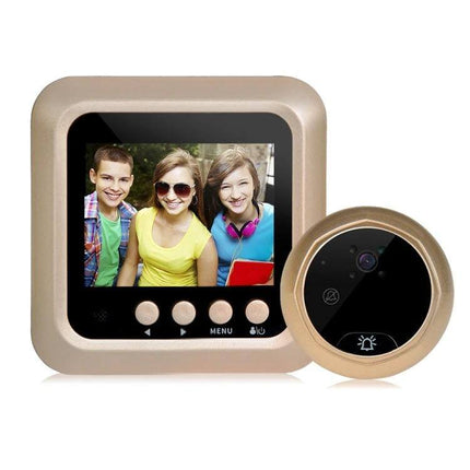 W5 Digital Peephole Doorbell Camera for Home Visitor Viewing showing indoor screen with visitor photo and round outdoor camera