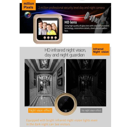 W5 Digital Peephole Doorbell Camera for Home Visitor Viewing - indoor screen shows HD lens and infrared night vision comparison