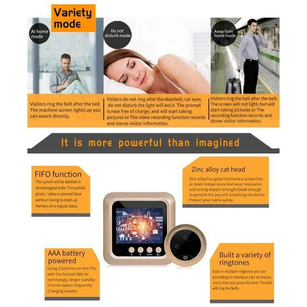 W5 Digital Peephole Doorbell Camera for Home Visitor Viewing — indoor screen shows visitor modes, recordings, and AAA battery powered display