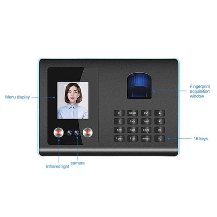 Time Attendance Device with Face and Fingerprint Recognition - black terminal showing face scan, fingerprint sensor, keypad and display for office attendance