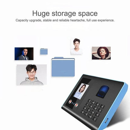 Time Attendance Device with Face and Fingerprint Recognition shown with user photos, fingerprint scanner and keypad highlighting huge storage space