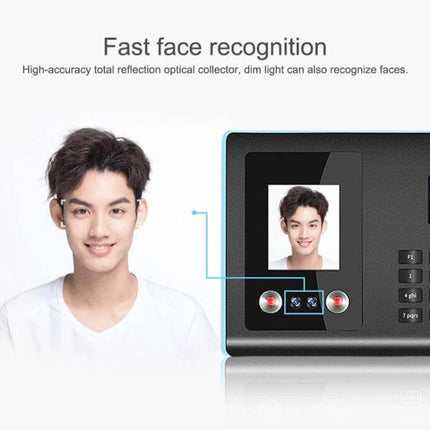 Time Attendance Device with Face and Fingerprint Recognition showing fast face recognition on device screen in low-light office environment