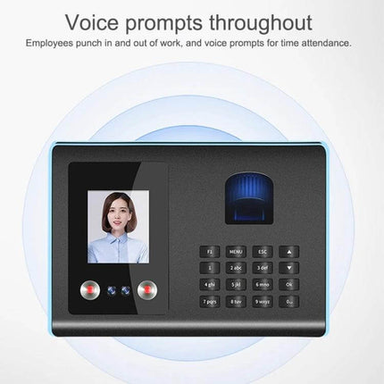 Time Attendance Device with Face and Fingerprint Recognition front view showing face scan, fingerprint sensor, keypad and voice prompt feature