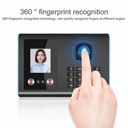 Time Attendance Device with Face and Fingerprint Recognition showing 360° fingerprint sensor and face ID for office and school attendance