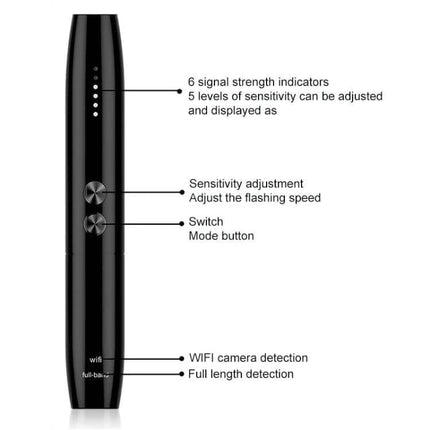 Compact Handheld Detector for Hidden Cameras and Signals portable black device with sensitivity adjustment, 6 signal indicators and WiFi/full-length detection