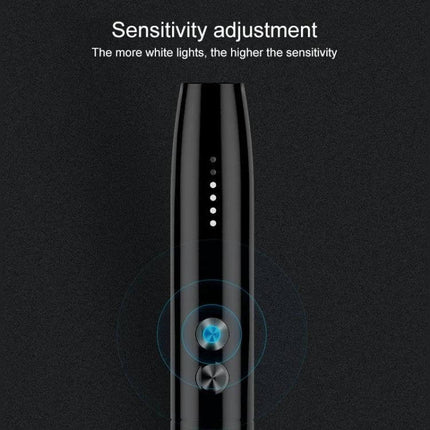 Compact Handheld Detector for Hidden Cameras and Signals showing sensitivity adjustment LEDs and power button on sleek portable device