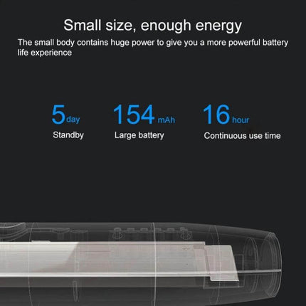 Compact Handheld Detector for Hidden Cameras and Signals showing 154mAh battery, 5 day standby and 16 hour continuous use