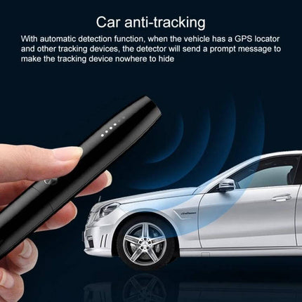 Compact Handheld Detector for Hidden Cameras and Signals being used to scan a car for GPS trackers and hidden cameras