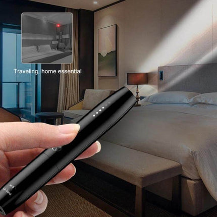 Compact Handheld Detector for Hidden Cameras and Signals used in hotel bedroom to scan for hidden cameras and RF signals