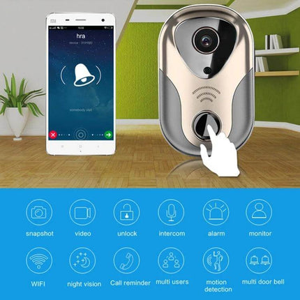 163Eye Smart WiFi Video Doorbell for Home Monitoring with Night Vision showing doorbell unit, smartphone app alert and feature icons