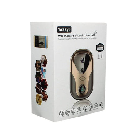 163Eye Smart WiFi Video Doorbell for Home Monitoring with Night Vision packaged product box showing camera and icons
