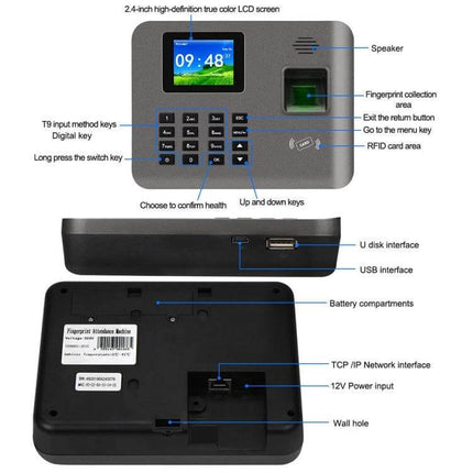 Realand Fingerprint Attendance System with Wireless Connectivity - office fingerprint time clock with 2.4-inch color LCD, USB, TCP/IP and battery options
