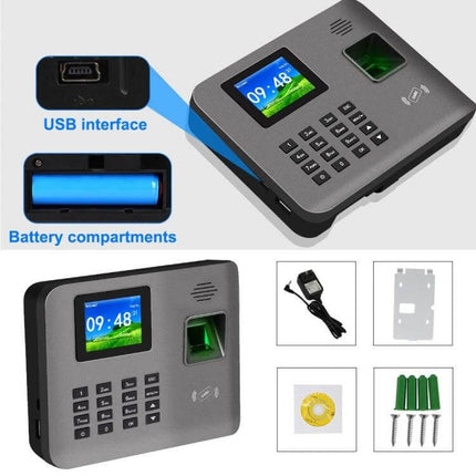 Realand Fingerprint Attendance System with Wireless Connectivity - gray biometric time clock with 2.4-inch color LCD, fingerprint scanner, keypad, USB and accessories