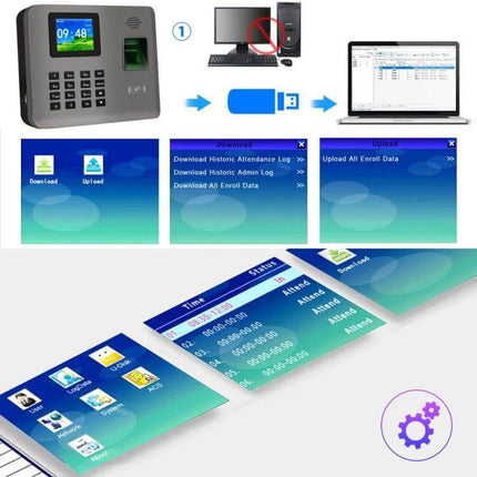 Realand Fingerprint Attendance System with Wireless Connectivity showing device, USB transfer and 2.4-inch color LCD interface