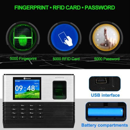 Realand AL355 Fingerprint Attendance System with WiFi Connectivity - biometric time clock showing fingerprint, RFID card, password icons and USB, battery compartment
