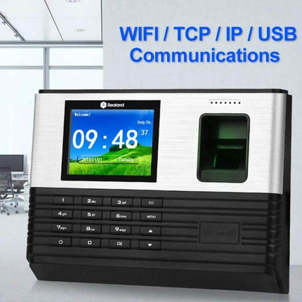 Realand AL355 Fingerprint Attendance System with WiFi Connectivity shown on office wall-mount with color screen and fingerprint scanner
