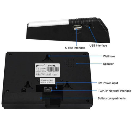 Realand AL355 Fingerprint Attendance System with WiFi Connectivity showing USB, U-disk ports, TCP/IP network interface, speaker and battery compartment