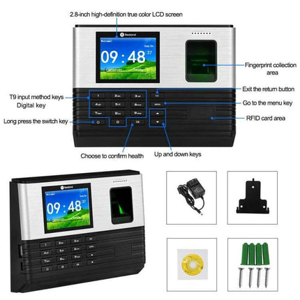 Realand AL355 Fingerprint Attendance System with WiFi Connectivity - front view showing 2.8-inch LCD, fingerprint sensor, keypad, RFID area and accessories