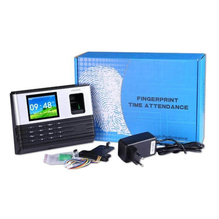 Realand AL355 Fingerprint Attendance System with WiFi Connectivity biometric time clock with color screen, fingerprint reader, power adapter and accessories