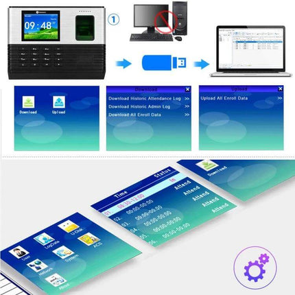 Realand AL355 Fingerprint Attendance System with WiFi Connectivity showing device, USB data transfer, and attendance software screens