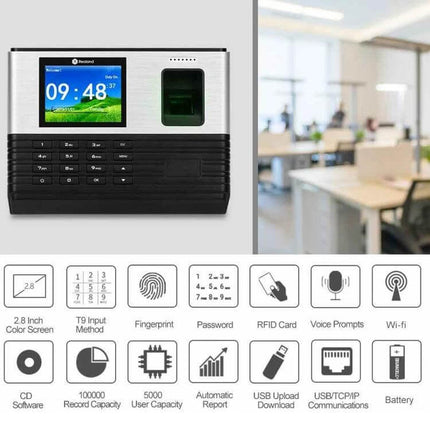 Realand AL355 Fingerprint Attendance System with WiFi Connectivity showing device front, color screen, fingerprint scanner and office use icons
