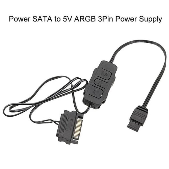 ARGB To SATA Power RGB Lighting Controller Cable For Chassis Fans shown with SATA power connector and 3-pin ARGB cable and inline controller