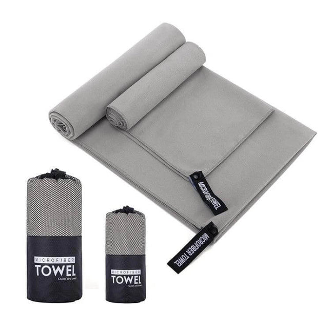 Absorbent Quick Dry Microfiber Sports Towel 40x80cm shown folded and rolled with compact travel mesh pouch for gym, running and outdoor use