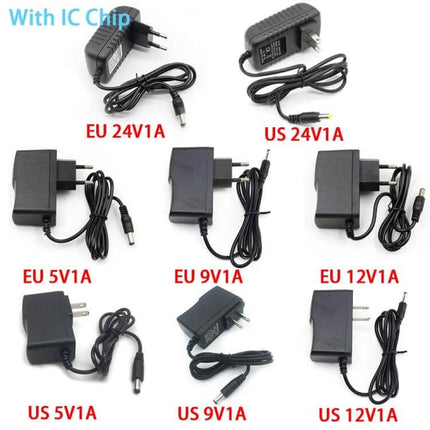 AC To DC Power Adapter For Small Devices EU US Plug showing multiple EU and US 5V 1A adapters with 5.5x2.5mm barrel connector
