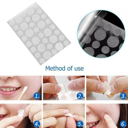 Acne Patch Kit For Pimples, Invisible Hydrocolloid Patches, 24 Count - sheet of clear round acne patches with step-by-step application images