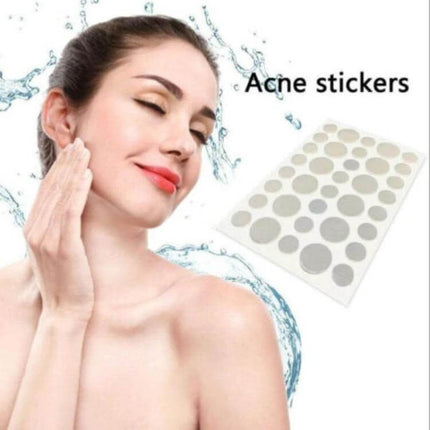 Acne Patch Kit For Pimples, Invisible Hydrocolloid Patches, 24 Count showing clear hydrocolloid stickers on sheet with model applying skincare