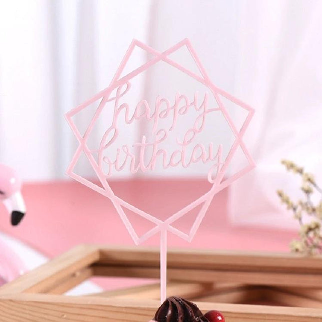 Acrylic Cake Decoration Card For Birthday Cakes Colorful pink 'happy birthday' geometric cake topper on chocolate cupcake