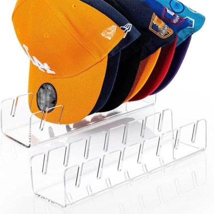 Acrylic Baseball Cap Holder Stores 7 Caps For Easy Countertop Organization - transparent 3mm acrylic cap rack showing seven colored baseball caps