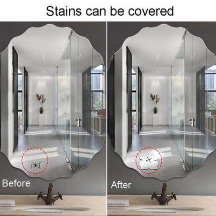Acrylic Cherry Blossom Wall Mirror Sticker 18-Piece Set showing before and after stain coverage on decorative mirror surface