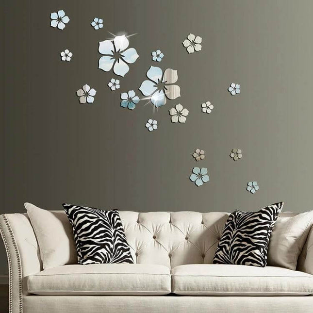 Acrylic Cherry Blossom Wall Mirror Sticker 18-Piece Set displayed above a beige sofa creating reflective floral wall accents