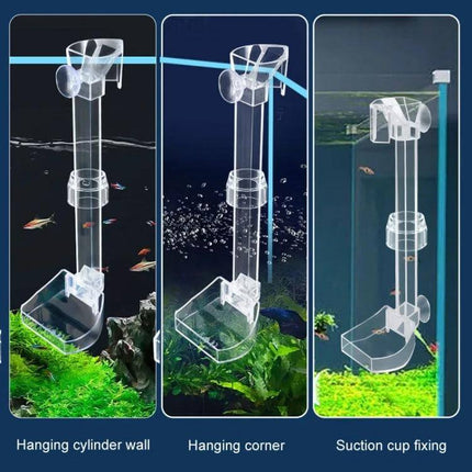 Acrylic Fish Tank Feeding Tube Feeder For Small Home Aquariums clear acrylic retractable tube shown mounted with suction cup and corner/hanging options