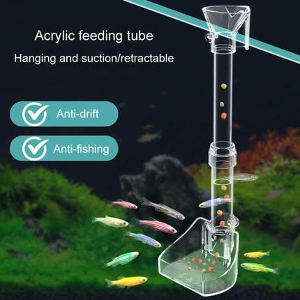 Acrylic Fish Tank Feeding Tube Feeder For Small Home Aquariums showing clear acrylic retractable tube delivering food to center of dish to reduce scatter