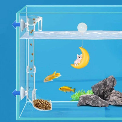 Acrylic Fish Tank Feeding Tube Feeder For Small Home Aquariums showing clear acrylic retractable tube delivering food to center dish reducing scatter