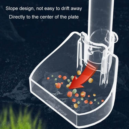 Acrylic Fish Tank Feeding Tube Feeder For Small Home Aquariums showing clear acrylic retractable tube delivering pellets to dish center