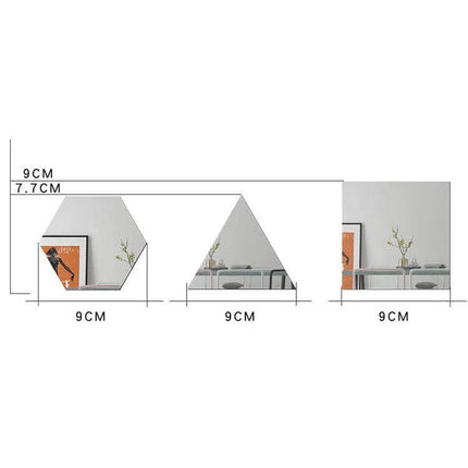 Acrylic Wall Mirror Sticker Set 16-Piece For Living Room Or Bedroom - three geometric 9cm acrylic mirror stickers shown with measurements