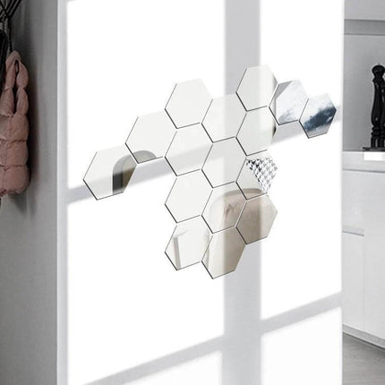 Acrylic Wall Mirror Sticker Set 16-Piece For Living Room Or Bedroom - hexagonal acrylic mirror stickers arranged above sofa to reflect light